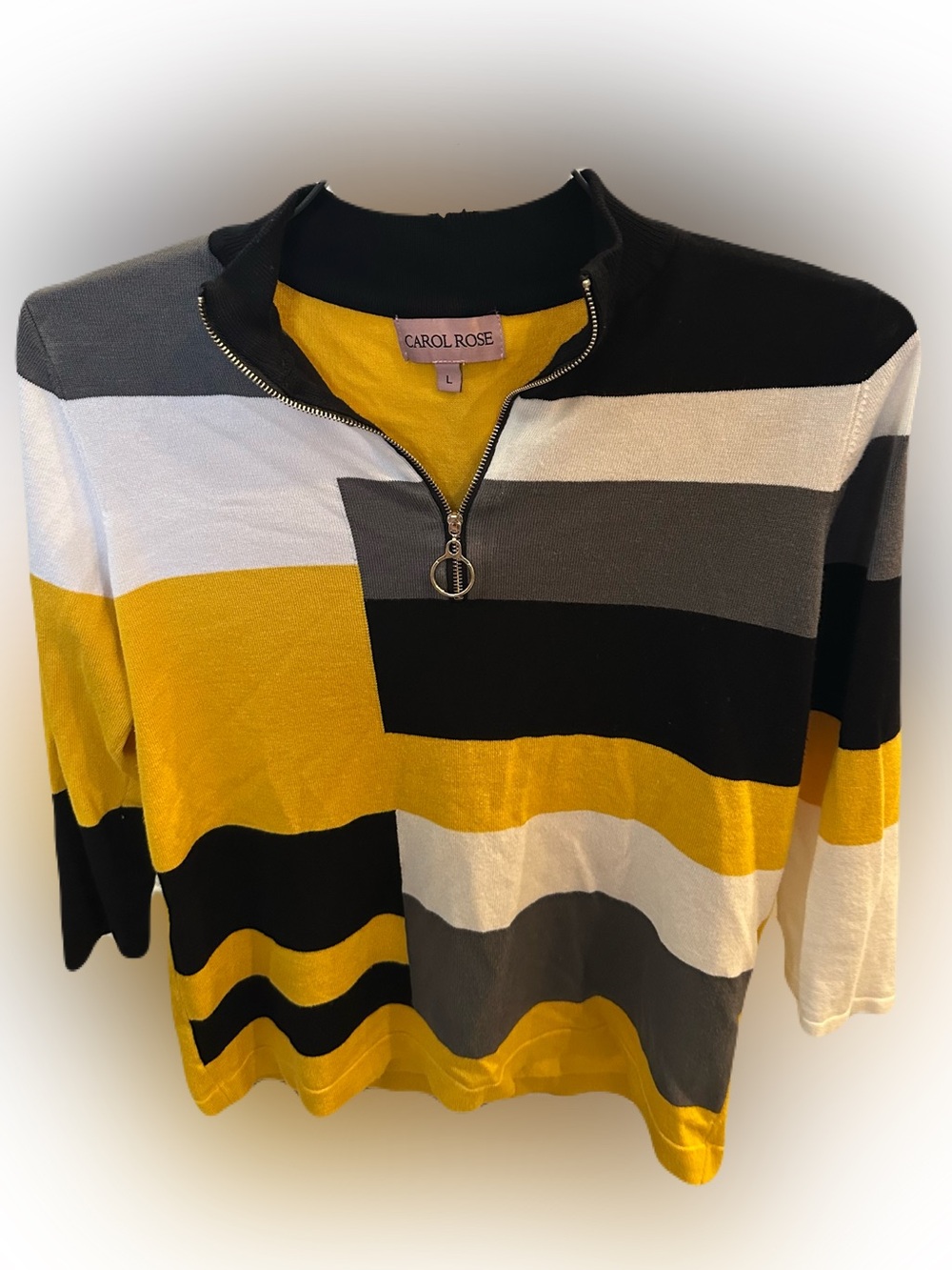 Carol Rose Large Bold Stripe Half-Zip Top in Yellow, Black & Gray